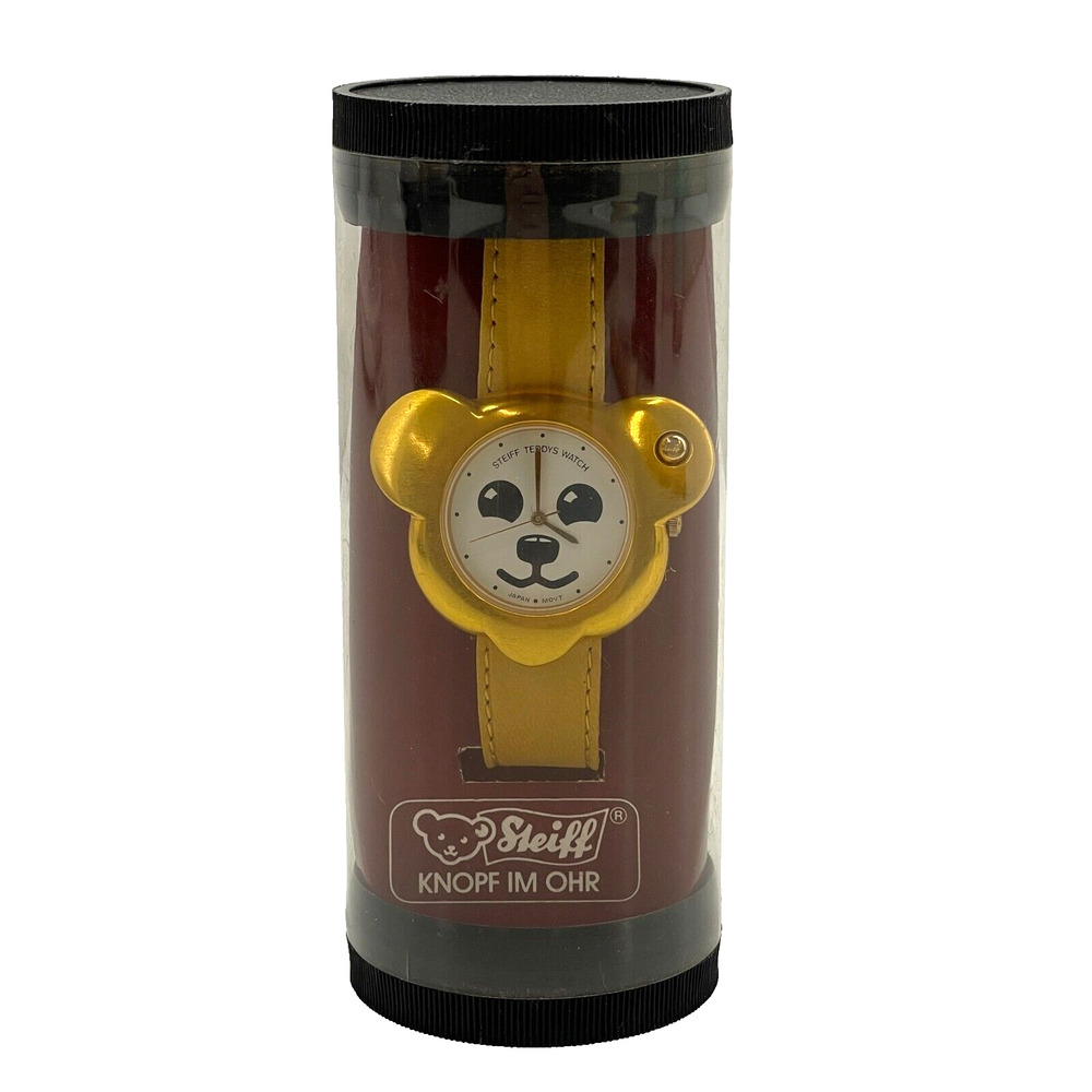 Steiff Analog Casual Wrist Watch Teddy Head Gold Leather Strap With Case